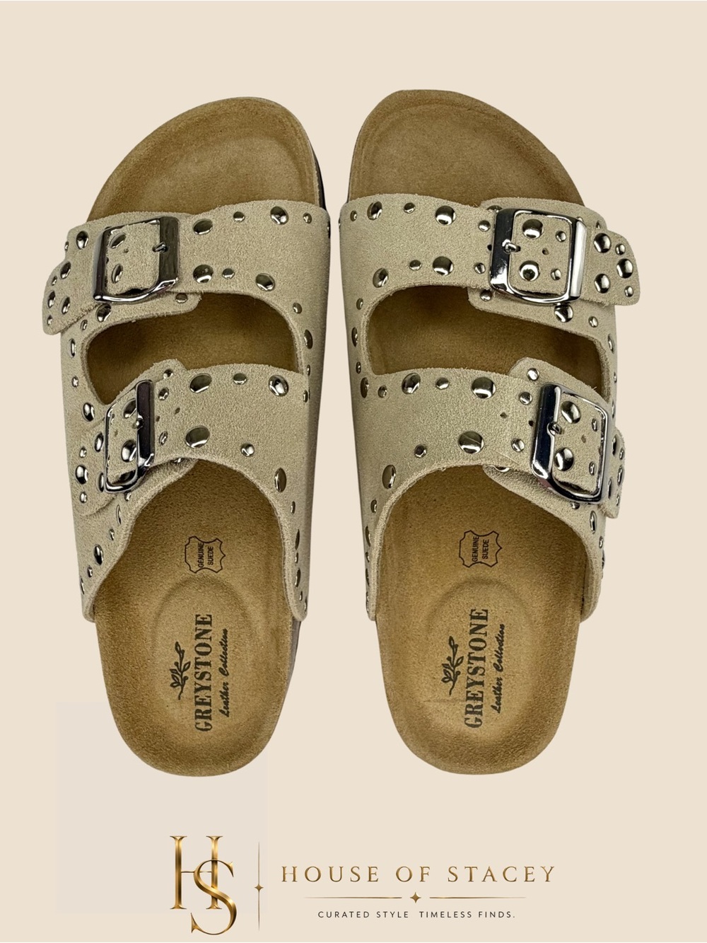Greystone Genuine Suede Studded Double Buckle Slide Sandals - Picture 2 of 11